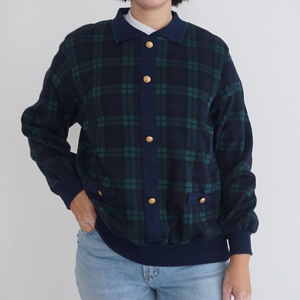 Vintage Alfred Dunner Green Blue Tartan Checkered Button Up Cardigan Sweater M
